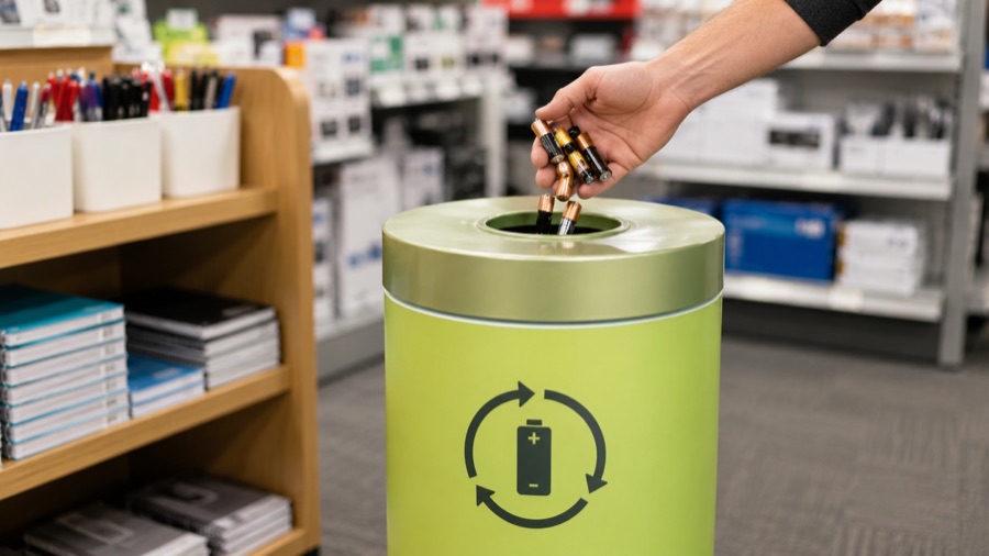 Batteries being placed in a retail collection bin
