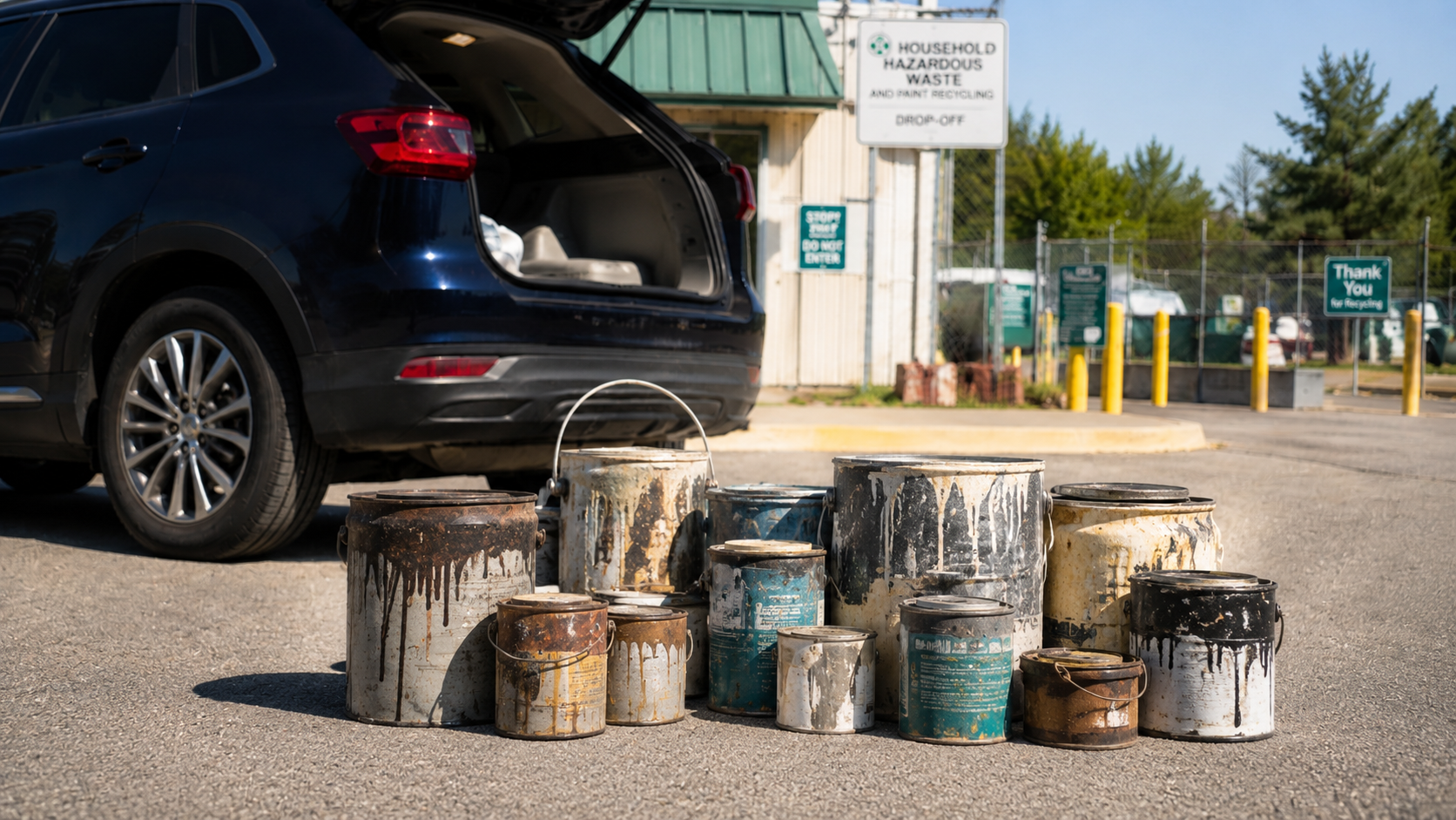 Used paint containers at a recycling drop-off site