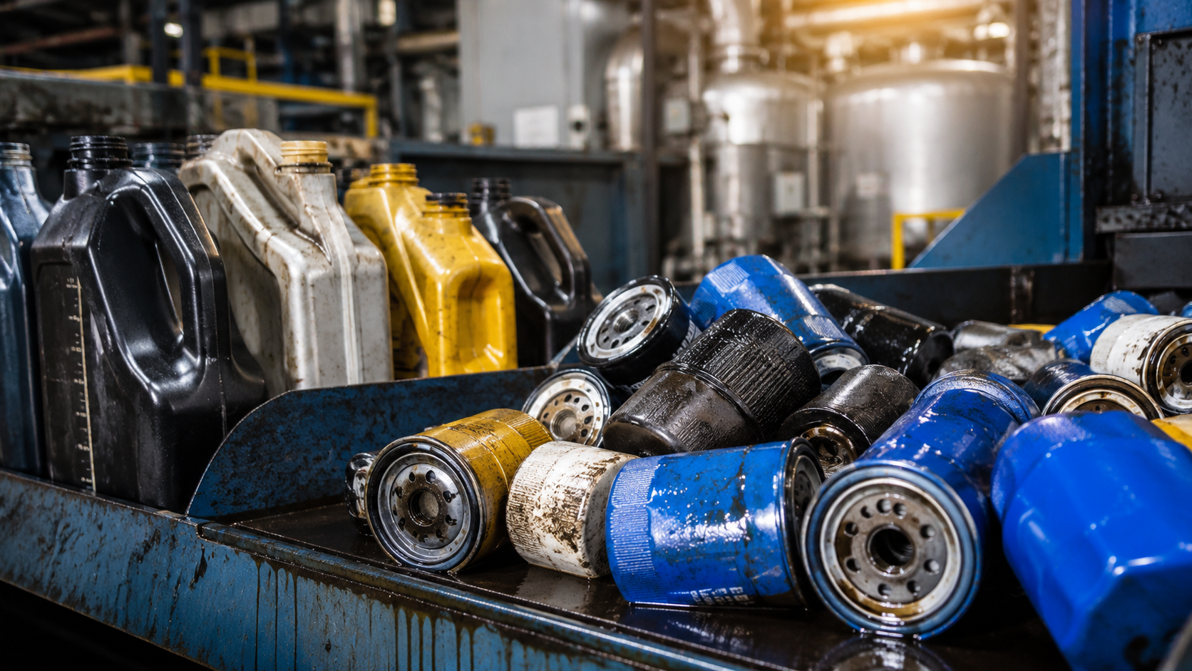 Used oil containers and filters at a recycling facility