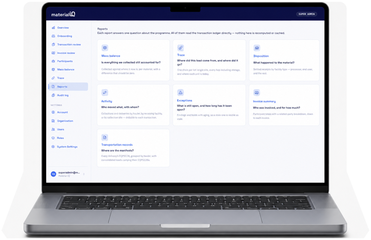 MaterialIQ administrative reporting interface with mass balance, trace, disposition, activity and exception reports