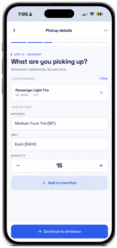 MaterialIQ mobile interface for recording material and quantity details