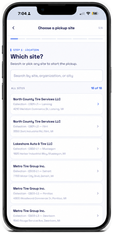 MaterialIQ mobile interface for choosing a material pickup site
