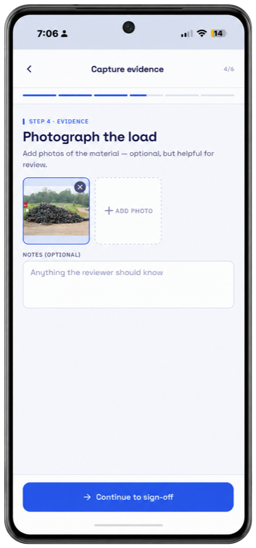 MaterialIQ mobile interface for attaching photographic evidence to a transaction