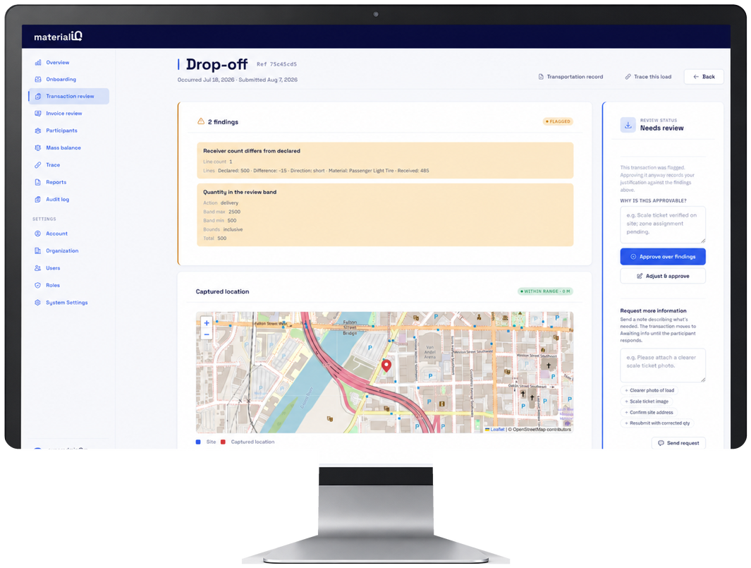 MaterialIQ administrator transaction review showing findings, captured location and review controls